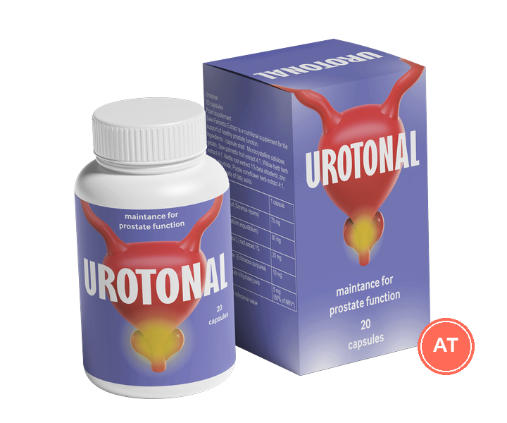 Urotonal: weiße Dose mit 20 Kapseln und violette Faltschachtel, Aufschrift „maintance for prostate function“ — Abbildung aus dem Angebotsmaterial