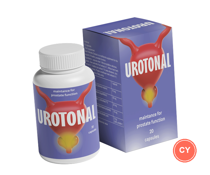 Urotonal: λευκό φιαλίδιο με 20 κάψουλες δίπλα σε μωβ κουτί με την επιγραφή „maintance for prostate function“ — απεικόνιση από το υλικό της προσφοράς