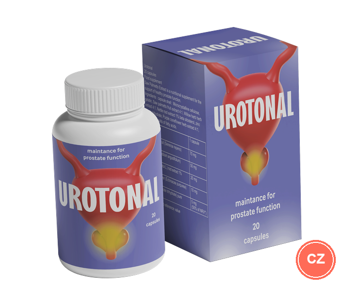 Urotonal: bílá dóza s 20 kapslemi a fialová krabička s nápisem „maintance for prostate function“ — ilustrace z materiálů nabídky