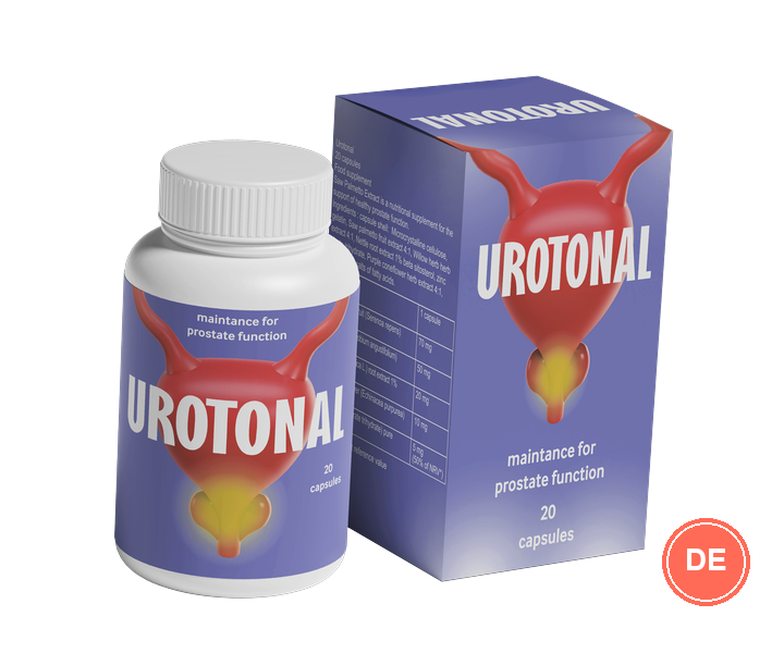 Urotonal: weiße Dose mit 20 Kapseln und violette Faltschachtel, Aufschrift „maintance for prostate function“ — Abbildung aus dem Angebotsmaterial