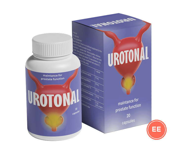 Urotonal: valge purk 20 kapsliga ja lilla karp kirjaga „maintance for prostate function“ — pakkumismaterjali illustratsioon