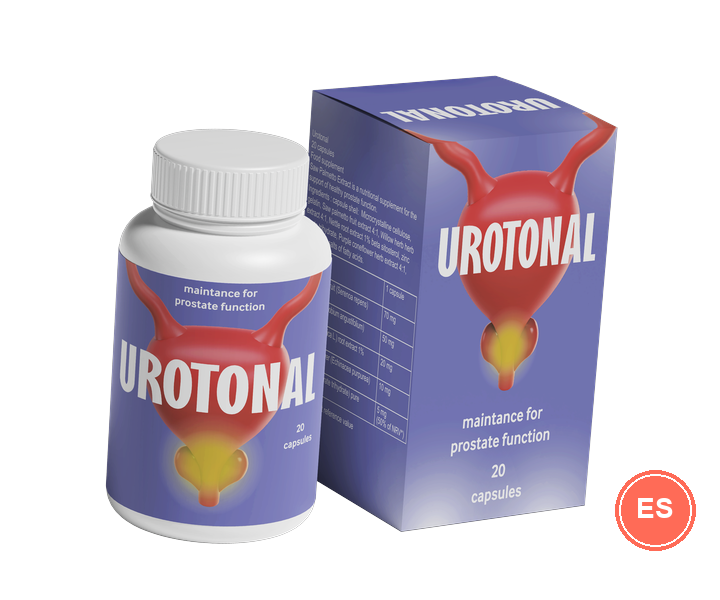 Urotonal: frasco blanco con 20 cápsulas y caja violeta con la inscripción „maintance for prostate function“ — imagen del material de la oferta