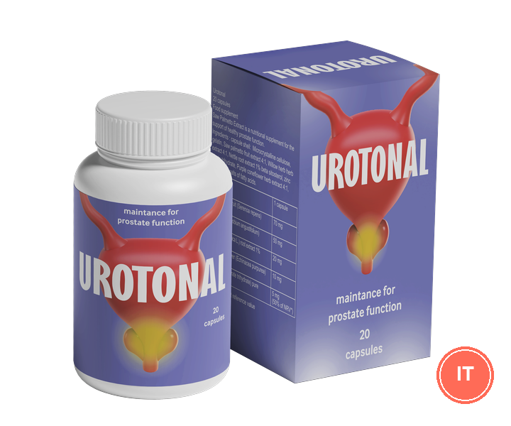Urotonal: flacone bianco con 20 capsule e astuccio viola, scritta „maintance for prostate function” — immagine dal materiale dell'offerta
