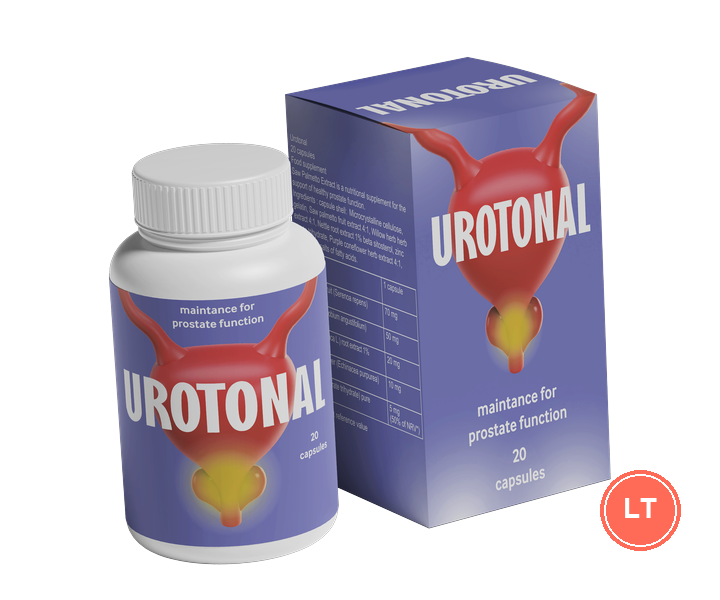 Urotonal: baltas indelis su 20 kapsulių ir violetinė dėžutė, užrašas „maintance for prostate function“ — pasiūlymo medžiagos iliustracija