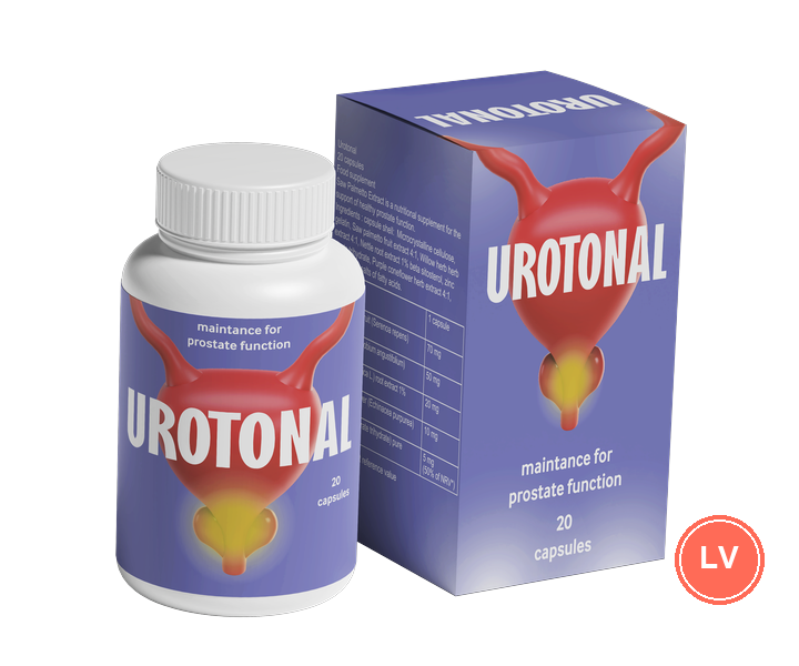 Urotonal: balts trauciņš ar 20 kapsulām un violeta kastīte, uzraksts „maintance for prostate function“ — piedāvājuma materiālu attēls