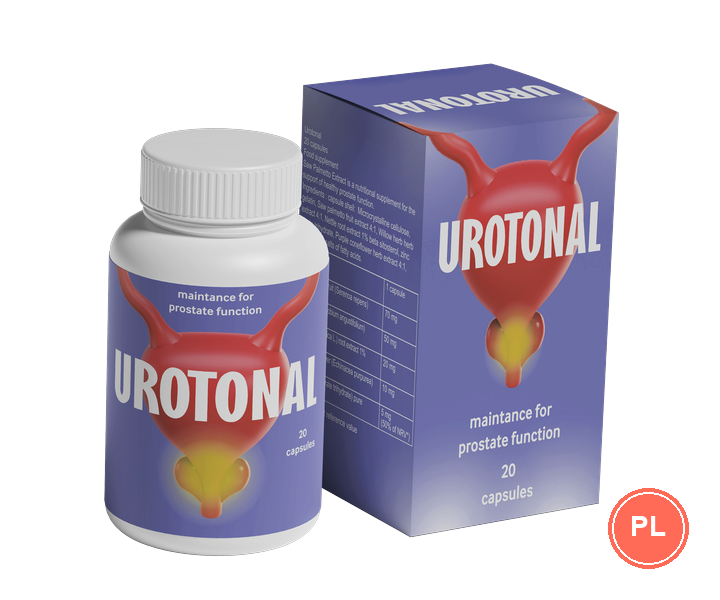 Urotonal: biały słoik z 20 kapsułkami i fioletowe pudełko z napisem „maintance for prostate function” — ilustracja z materiałów oferty