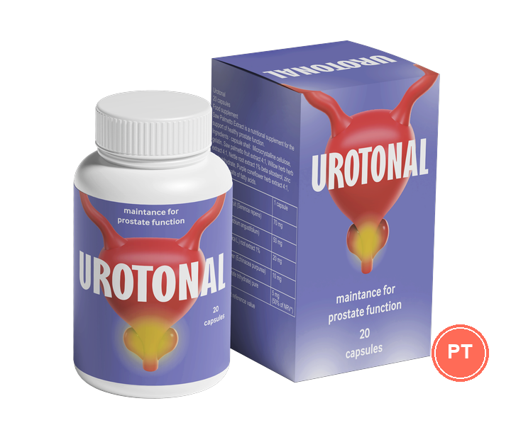 Urotonal: frasco branco com 20 cápsulas e caixa violeta com a inscrição „maintance for prostate function“ — imagem do material da oferta