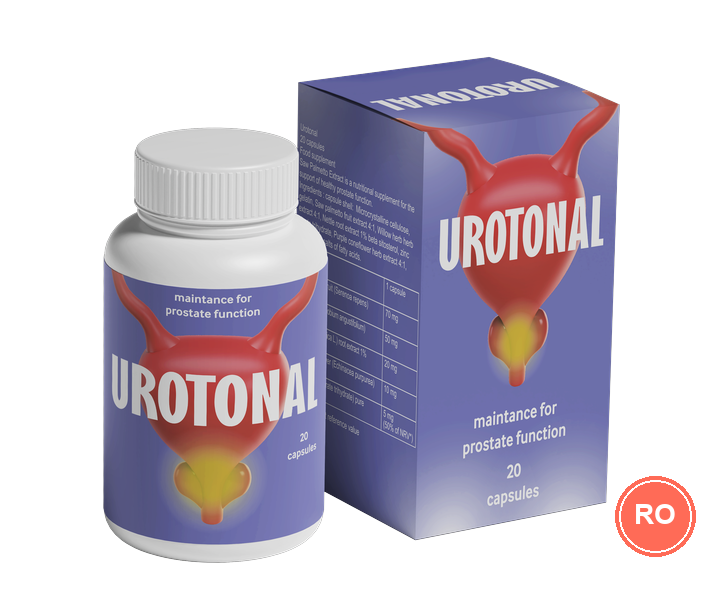 Urotonal: flacon alb cu 20 de capsule și cutie mov cu inscripția „maintance for prostate function“ — ilustrație din materialele ofertei