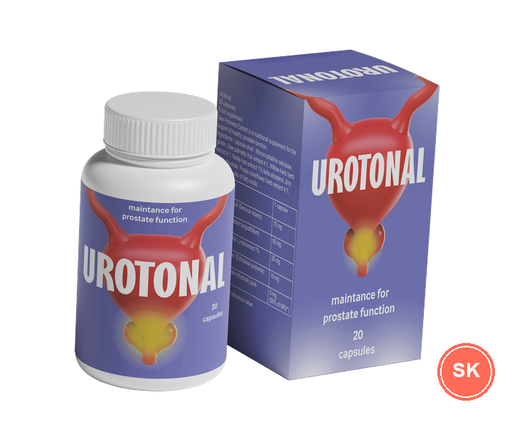 Urotonal: biela dóza s 20 kapsulami a fialová škatuľka s nápisom „maintance for prostate function“ — ilustrácia z materiálov ponuky