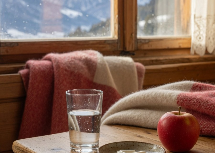 Frühstückstisch mit einem Glas Wasser und einer kleinen Schale mit zwei weißen Kapseln — Symbolbild