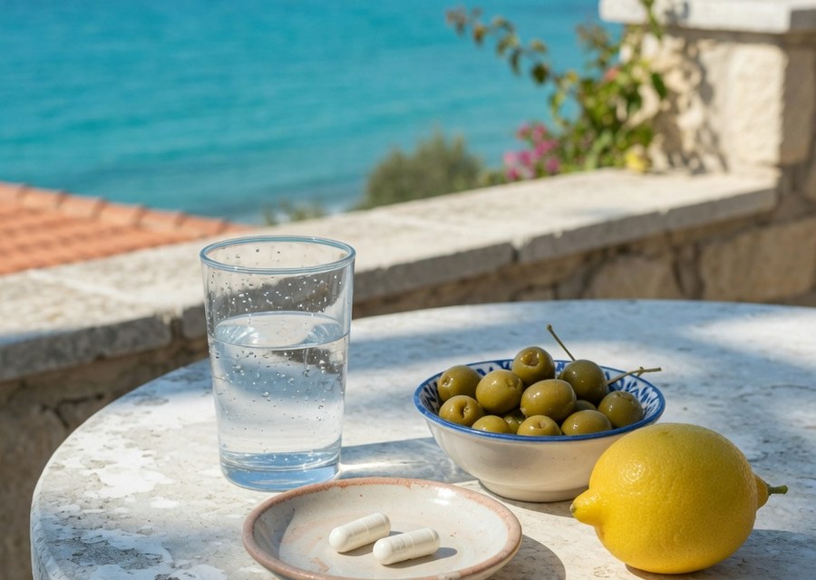 Λευκό τραπέζι βεράντας στην Κύπρο με ποτήρι νερό και πιατάκι με δύο κάψουλες — συμβολική εικόνα