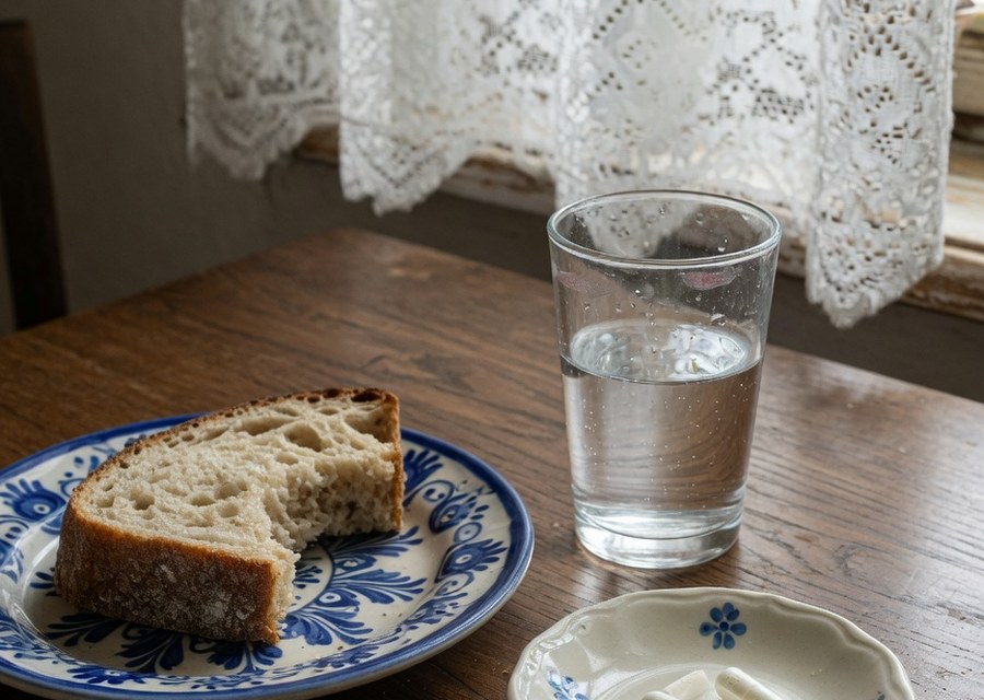Snídaňový stůl se sklenicí vody a malým talířkem se dvěma bílými kapslemi — symbolická fotografie