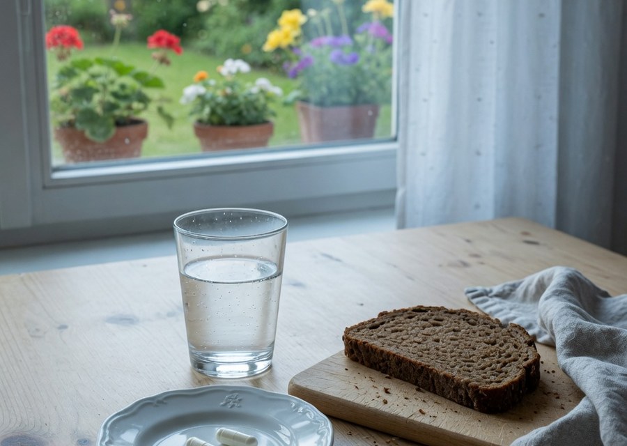 Frühstückstisch mit einem Glas Wasser und einer kleinen Schale mit zwei weißen Kapseln — Symbolbild