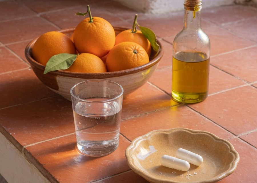 Mesa de desayuno con un vaso de agua y un platito con dos cápsulas blancas — imagen simbólica