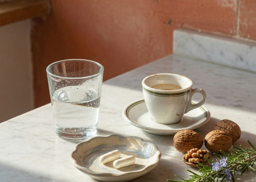 Tavolo della colazione con un bicchiere d'acqua e una ciotolina con due capsule bianche — immagine simbolica
