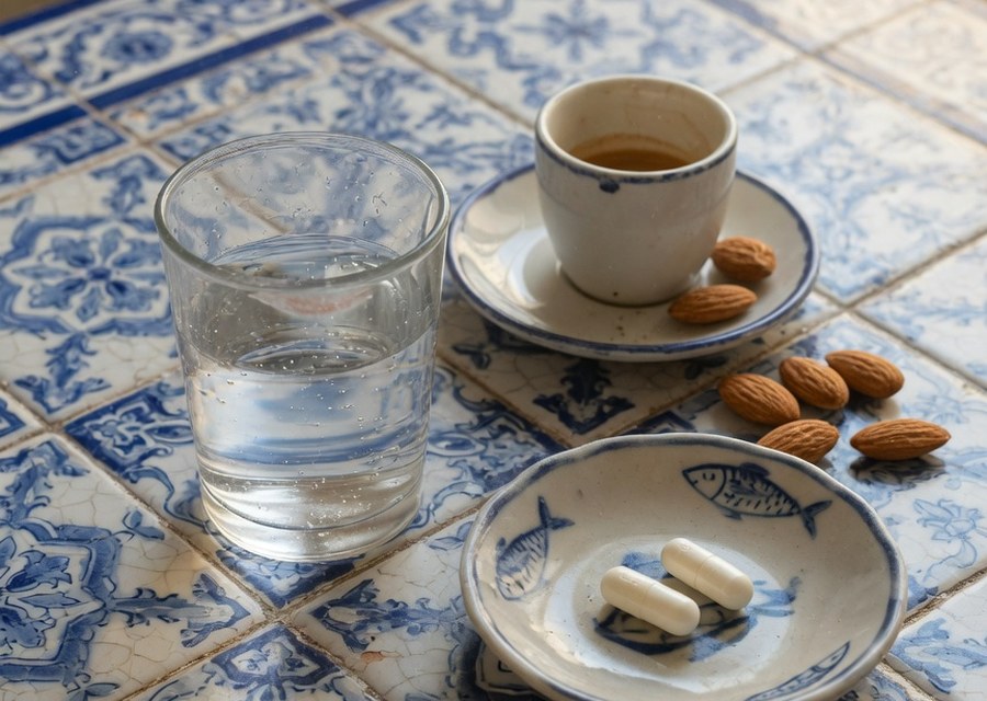 Mesa de pequeno-almoço com um copo de água e um pratinho com duas cápsulas brancas — imagem simbólica