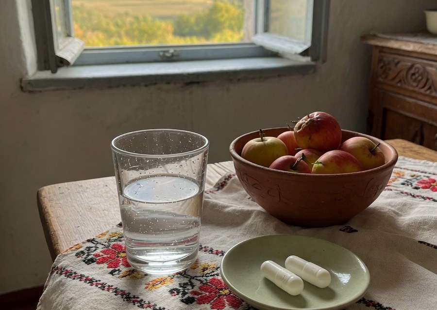 Masă de mic dejun cu un pahar cu apă și o farfurioară cu două capsule albe — fotografie simbolică