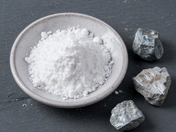Weißes Zinkcitrat-Pulver in einer kleinen Schale neben Zinkmineral